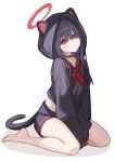  1girl animal_ears black_choker black_hair black_shorts blue_archive cat_ears cat_tail choker commentary halo highres hood justice_task_force_member_(blue_archive) long_hair looking_at_viewer neckerchief pipipipyu red_eyes red_halo red_neckerchief school_uniform serafuku shorts simple_background solo tail white_background 