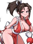  1girl breasts brown_eyes brown_hair cleavage closed_mouth commentary_request fatal_fury folding_fan hair_ribbon half-closed_eyes hand_fan holding jaggy_lines ji_heeeeeee korean_commentary large_breasts leaning_forward looking_at_viewer motoyui pelvic_curtain ponytail ribbon shiranui_mai simple_background solo street_fighter the_king_of_fighters twitter_username white_background wrist_guards 