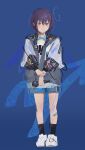  1girl alternate_costume bandaid bandaid_on_leg bang_dream! bang_dream!_it&#039;s_mygo!!!!! black_socks blue_background boots brown_eyes epppppp highres holding holding_microphone hood hoodie microphone mygo!!!!!_(bang_dream!) mygo!!!!!_logo_(bang_dream!) purple_hair shorts simple_background socks takamatsu_tomori white_boots 