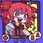  1girl ahoge black_shirt blush_stickers bow buttons collared_shirt d-pad drill_hair game_boy game_boy_color hair_between_eyes hair_bow handheld_game_console hashtag-only_commentary highres holding holding_microphone jacket kasane_teto kasane_teto_(sv) microphone mrbizc8 no_sclera open_mouth red_hair shirt solo synthesizer_v teeth tetoris_(synthesizer_v) tetris tongue twin_drills twitter_username upper_body upper_teeth_only white_bow 