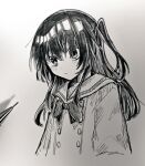  1girl art_tools_in_frame blush bocchi_the_rock! bow bowtie buttons closed_mouth commentary_request cropped_torso double-breasted graphite_(medium) greyscale hair_between_eyes hatching_(texture) kita_ikuyo linear_hatching long_hair long_sleeves looking_at_viewer monochrome one_side_up school_uniform shuka_high_school_uniform sidelocks simple_background solo takoiro traditional_media white_background 