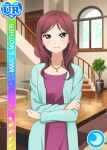  1girl aqua_jacket arms_across_body blush breasts card_(medium) character_name closed_mouth collarbone couch crescent dress english_text hand_on_own_arm hand_on_own_elbow indoors jacket jewelry long_hair looking_at_viewer love_live! love_live!_school_idol_festival love_live!_school_idol_project mature_female medium_breasts mole mole_under_mouth necklace nishikino_maki&#039;s_mother open_clothes open_jacket plant potted_plant purple_dress purple_eyes railing red_hair smile solo stairs standing star_(symbol) straight-on table tachi-e tsurime upper_body wavy_hair window wooden_floor 
