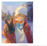  1boy beanie black_gloves brown_hair coat commentary_request gloves goggles goggles_around_neck grin hanamura_yousuke hat lee999nine looking_at_viewer male_focus outdoors persona persona_4 persona_4_the_golden red_coat shirt short_hair smile solo v white_hat white_shirt winter 