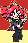  1girl :3 bkub black_boots black_shirt black_skirt black_sleeves blush boots chibi collared_shirt detached_sleeves drill_hair headphones headset highres index_finger_raised kasane_teto miniskirt nail_polish pleated_skirt red_eyes red_hair red_nails shirt simple_background sitting skirt sleeveless sleeveless_shirt solo thigh_boots twin_drills twintails utau 