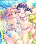  2girls amo_(shibu3) arm_up armpits ass back bangs bikini black_hair blue_bikini blue_eyes blunt_bangs blush breasts brown_hair collarbone commentary_request flower frilled_bikini frills hair_flower hair_ornament hair_scrunchie hairband hairclip highres inflatable_raft large_breasts loki_(marvel) long_hair looking_at_viewer lying medium_breasts multiple_girls navel on_back on_side open_mouth original parted_lips partially_visible_vulva red_eyes scrunchie short_hair shoulder_blades side-tie_bikini_bottom smile stomach swimsuit thigh_strap thighs water_drop watermark white_bikini wrist_scrunchie 