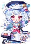  1girl absurdres animal_ears bag black_bag black_hat black_shoes blue_hair blush chestnut_mouth commentary_request foot_out_of_frame genshin_impact gloves hands_up hat heart heart_in_eye highres holding holding_letter leg_up letter long_hair long_sleeves looking_at_viewer meda_cha melusine_(genshin_impact) neckerchief open_mouth red_eyes red_neckerchief shoes shoulder_bag sigewinne_(genshin_impact) signature simple_background symbol_in_eye syringe white_background white_gloves 