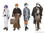 4boys :d adjusting_scarf ahoge arm_out_of_sleeve black_coat black_gloves black_hair black_hat black_kimono black_sash black_socks blue_hair brown_hakama center-flap_bangs closed_mouth closed_umbrella coat commentary_request copyright_notice covered_eyes crossed_bangs eyewear_strap fedora flipped_hair full_body gloves green_eyes grey_jacket grey_kimono hair_between_eyes hair_over_one_eye hakama hand_on_headwear hand_on_own_hip hat hat_over_eyes holding holding_lantern holding_suitcase holding_umbrella jacket japanese_clothes kimono kuronoa lantern lineup long_sleeves looking_at_viewer male_focus multiple_boys nichijo_gumi official_art oil-paper_umbrella open_clothes open_coat open_jacket orange-tinted_eyewear orange_hair paper_lantern peinto_(nichijou_gumi) purple_eyes purple_hair round_eyewear sample_watermark sandals sash scarf short_hair simple_background sinigami_(nichijou_gumi) smile socks standing suitcase tabi tinted_eyewear torazo_(nichijou_gumi) trilby umbrella watermark white_background white_hat white_kimono white_scarf white_socks yellow_eyes yukko_(matakite_4kaku) zouri 