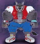 2022 abs activision alternate_species anthro barazoku belt biceps big_muscles bottomwear canid canine claws clock clothing crash_bandicoot_(series) dasyuromorph ear_piercing eyebrows fangs fur glowing glowing_eyes grey_body grey_fur hi_res jacket letterman_jacket looking_at_viewer male mammal marsupial muscular muscular_anthro muscular_arms muscular_male muscular_thighs mythological_canine mythological_creature mythology orange_sclera pants pecs piercing recently_extinct_species ring sharp_teeth solo tail teeth thick_eyebrows thylacine tiny_tiger topwear torn_bottomwear torn_clothing torn_pants triceps vaniwulf vein veiny_muscles watch werecanid werecanine werecreature werewolf werewolf_tiny_tiger wristband