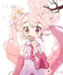  1girl absurdres branch cherry_blossoms collared_shirt covered_mouth detached_sleeves eyelashes flower grey_shirt hair_flower hair_ornament hareeangkki hatsune_miku headset highres holding holding_flower long_hair necktie pink_hair pink_necktie sakura_miku shirt solo spring_(season) twintails vocaloid white_background 