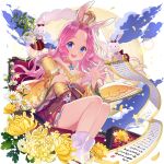  1girl animal_ears blue_eyes chair cloud cloudy_sky detached_sleeves flower full_moon japanese_clothes kaguya_fullmoon kimono long_hair moon on_chair pink_hair rabbit rabbit_ears salt_(salty) scroll sittong sky tabi uchi_no_hime-sama_ga_ichiban_kawaii wavy_hair yellow_flower yellow_kimono 