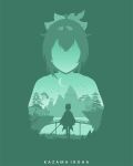  1girl absurdres architecture artist_name bird bow character_name crescent_moon east_asian_architecture hair_bow highres holding holding_sword holding_weapon hololive kazama_iroha kazama_iroha_(1st_costume) long_hair monochrome moon mountain multiple_views ponytail rezami silhouette sword torii tree virtual_youtuber watermark weapon 