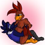 anthro avian bird blue_jay breast_grab breasts chicken corvid cowgirl_position david_hopkins duo eye_contact feathers female from_front_position galliform gallus_(genus) gryphon hand_on_breast jay_(bird) looking_at_another male male/female mythological_avian mythological_creature mythology new_world_jay on_bottom on_top oscine passerine phasianid sex slightly_chubby smile