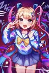  1girl :d arms_up blonde_hair blue_eyes blue_hair blue_serafuku blush bow chest_bow chouzetsusaikawa_tenshi-chan clenched_hand cowboy_shot cthuwoo glitch hair_bow highres holographic_clothing looking_at_viewer multiple_hair_bows needy_girl_overdose pink_hair quad_tails saturated school_uniform serafuku sidelocks smile solo sparkling_eyes v window_(computing) 
