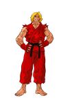  1boy barefoot blonde_hair dougi facing_viewer fingerless_gloves game_cg gloves grin hands_on_own_hips highres karate_gi ken_masters male_focus mma_gloves muscular muscular_male nishimura_kinu non-web_source official_art sideways_glance simple_background smile solo solo_focus street_fighter street_fighter_iii_(series) teeth thick_eyebrows white_background 