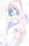  1girl absurdres alternate_costume arms_up bare_shoulders blue_hair blush colored_inner_hair commentary_request crop_top four-finger_heart_hands garter_straps green_eyes grey_hair heart heart_hands highres kaga_sumire looking_at_viewer mole mole_under_eye multicolored_hair navel open_mouth puni_(yuuki-0215) solo thighhighs two-tone_hair virtual_youtuber vspo! white_background white_thighhighs white_wings wings 