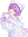  1girl animal_hat blush bow candy cardigan cat_hat commentary food from_behind hair_bow hair_ornament hairclip hat highres holding holding_candy holding_food holding_lollipop lollipop looking_at_viewer looking_back off_shoulder open_mouth purple_hair shinomiya_runa shinomiya_runa_(4th_costume) simple_background solo teeth upper_teeth_only val_yoduki virtual_youtuber vspo! white_background white_cardigan white_hat white_wings wings yellow_eyes 