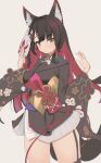  1girl akinoji_(akiponpon27) animal_ear_fluff animal_ears black_hair black_kimono blue_archive breasts commentary_request floral_print floral_print_kimono fox_ears fox_girl fox_mask garter_straps green_sailor_collar grey_background highres holding holding_mask japanese_clothes kimono looking_at_viewer mask partial_commentary pleated_skirt print_kimono red_hair sailor_collar skirt solo wakamo_(blue_archive) white_skirt wide_sleeves yellow_eyes 