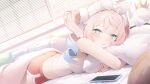  1girl absurdres bare_shoulders blue_eyes blue_hair blush breasts cellphone closed_mouth commentary commentary_request dolphin_shorts drill_hair fingernails gradient_hair hair_between_eyes highres honkai:_star_rail honkai_(series) hugging_object hyacine_(honkai:_star_rail) indoors korean_commentary little_ica_(honkai:_star_rail) long_hair looking_at_viewer lying medium_breasts multicolored_hair on_stomach phone pillow pillow_hug pink_hair red_shorts sbgu shorts smile solo twin_drills 