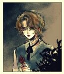  1boy artist_request bad_id bad_pixiv_id bishounen blonde_hair blue_eyes dio_brando flower jojo_no_kimyou_na_bouken looking_at_viewer lowres phantom_blood phantom_blood_(movie) red_flower red_rose rose solo 