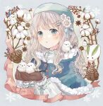 1girl :o animal_on_hand animal_on_shoulder beads beret bird bird_on_hand bird_on_shoulder blonde_hair blue_bow blue_capelet blue_eyes blue_hat blush bow branch brown_gloves buttons capelet commentary_request floral_print flower frilled_shirt_collar frills fur-trimmed_capelet fur_trim gloves hair_bow hair_ornament hair_over_shoulder hairpin hands_up hat hat_flower highres long-tailed_tit long_hair long_sleeves open_mouth original pinecone puffy_long_sleeves puffy_sleeves shirt sidelocks sleeve_bow snow_rabbit snowflakes snowman solo tententuyu tit_(bird) upper_body wavy_hair white_bird white_flower white_shirt winter 