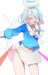  1girl :d ^_^ absurdres akinoji_(akiponpon27) arona_(blue_archive) blue_archive blue_hair blue_halo blue_shirt blush bow bow_hairband braid choker closed_eyes colored_inner_hair commentary_request hairband halo highres multicolored_hair open_mouth partial_commentary pink_hair sailor_collar school_uniform serafuku shirt signature skirt smile solo triangle two-tone_hair white_background white_bow white_choker white_hairband white_sailor_collar white_skirt 