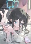  1girl absurdly_long_hair absurdres aqua_halo aris_(blue_archive) black_hair blue_archive blue_eyes blue_halo cellphone closed_mouth hair_between_eyes halo highres light_smile long_hair long_hair_between_eyes lying merong_(sou47897) one_side_up phone rectangular_halo ringed_eyes smartphone solo very_long_hair 