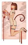  1girl absurdres animal_ears bob_cut border brown_hair cat_ears cat_girl cat_tail china_dress chinese_clothes dress earrings from_side full_body high_heels highres imo_guru jewelry kneeling medium_hair original outside_border red_ribbon ribbon short_dress side_slit solo tail thighlet white_border white_dress white_ribbon xiangyun 