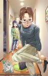  2girls aged_up azumanga_daioh bag barefoot black_shoes brown_hair door glasses green_shirt grey_sweater hallway highres indoors kozuehikaru mizuhara_koyomi multiple_girls picture_frame shirt shoes standing standing_on_one_leg sweater takino_tomo wooden_floor 