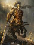  armor bracer centaur cross elden_ring elden_ring_nightreign from_side fulghor_(elden_ring) full_body helmet highres hooves monster outdoors polearm shimhaq sky solo spear taur weapon 