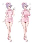  1girl :3 absurdres animal_ears breasts closed_mouth commentary covered_navel grey_eyes hat head_tilt high_heels highres holding holding_syringe huge_breasts kuma_4go looking_at_viewer multiple_views nurse nurse_cap original pink_hat pink_shirt pink_shoes purple_hair shirt shoes short_hair short_sleeves sketch small_breasts smile syringe thighs variations walking 