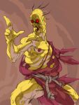  1boy arm_behind_back balding black_hair colored_skin dougi game_cg hand_up highres long_nose male_focus muscular nishimura_kinu non-web_source official_art open_mouth oro_(street_fighter) red_eyes rope_belt short_hair solo street_fighter street_fighter_iii_(series) yellow_skin 