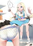  1girl 1other @_@ absurdres akinoji_(akiponpon27) apron ass blonde_hair blue_apron blue_archive blue_eyes blue_halo bow bowtie collared_shirt commentary_request commission full_body halo highres holding long_hair panties polka_dot polka_dot_panties shelf shirt shoes signature skeb_commission skirt skirt_flip sora_(blue_archive) speech_bubble striped_bow striped_bowtie striped_clothes thought_bubble translation_request underwear white_background white_panties white_shirt white_shoes 