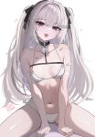  1girl absurdres acedia_(vtuber) bandaid bandaid_on_arm bare_arms bare_shoulders bell between_legs bikini birthday black_choker bone_hair_ornament breasts brown_eyes chest_belt choker collarbone colored_inner_hair commentary fang fingernails hair_ornament hair_ribbon hairclip hand_between_legs head_tilt heart highres indie_virtual_youtuber jingle_bell kkato long_hair looking_at_viewer multicolored_hair navel open_mouth parallel_hairclips ribbon side-tie_bikini_bottom simple_background sitting small_breasts smile solo spread_legs stomach string_bikini swimsuit tattoo thighs twintails two_side_up virtual_youtuber white_background white_bikini white_hair 