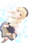  1girl absurdres beret black_gloves blonde_hair breasts corset drill_hair fingerless_gloves gloves hair_ornament hairpin hat highres kashisu large_breasts long_sleeves looking_at_viewer magical_girl mahou_shoujo_madoka_magica mahou_shoujo_madoka_magica_(anime) parted_bangs pleated_skirt puffy_sleeves reaching reaching_towards_viewer skirt smile sparkle tomoe_mami twin_drills yellow_eyes 