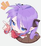  1girl acaa blue_eyes blush foreshortening from_above highres hiiragi_kagami index_finger_raised long_hair looking_at_viewer lucky_star open_mouth purple_hair ryouou_school_uniform school_uniform serafuku sitting skirt solo twintails 