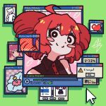  1girl ahoge bare_shoulders black_shirt blush_stickers buttons collared_shirt cursor drill_hair english_text fukkireta green_background hair_between_eyes heart highres kasane_teto looking_at_viewer mrbizc8 no_sclera number_tattoo red_hair shirt smile spanish_commentary tattoo twin_drills twitter_username upper_body utau window_(computing) windows_media_player 