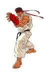  1boy barefoot black_hair dougi fighting_stance fingerless_gloves forked_eyebrows from_below game_cg gloves headband highres male_focus martial_arts_belt mma_gloves muscular muscular_male nishimura_kinu non-web_source official_art outstretched_arm red_gloves red_headband ryu_(street_fighter) short_hair simple_background sleeveless solo street_fighter street_fighter_iii_(series) torn_clothes torn_sleeves white_background 