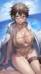  1girl absurdres arm_support arm_under_breasts aussa_(yu-gi-oh!) aussa_the_earth_channeler bangs beach bikini blue_sky blush breasts brown_bikini brown_eyes brown_hair cleavage closed_mouth cloud coat coat_on_shoulders collarbone commentary_request day duel_monster glasses groin hair_between_eyes highres hood hood_down hooded_coat jewelry large_breasts messy_hair navel necklace ocean outdoors shadow short_hair shuangyijiu side-tie_bikini_bottom sidelocks sitting sky solo stomach swimsuit thigh_strap wariza white_coat yu-gi-oh! 