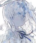  1girl absurdres angel blue_ribbon closed_mouth collared_shirt falling_feathers feathers grey_eyes grey_hair highres long_hair looking_at_viewer neck_ribbon original ribbon shirt solo soresaki upper_body white_background white_feathers white_shirt white_wings wings 