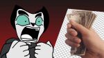 anthro banknote black_ears black_mouth blue_eyes clothing duo fan_character felid feline female fur grey_clothing hi_res hoodie human male male/female mammal meme money open_mouth original_character runya_(twotone) simple_background simple_coloring teeth tongue topwear twotone white_body white_fur white_tongue