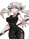  1girl black_dress black_ribbon blue_eyes blush breasts brown_thighhighs china_dress chinese_clothes commentary_request dress grey_hair hair_ribbon half-closed_eyes holding holding_staff jaggy_lines ji_heeeeeee korean_commentary large_breasts long_hair looking_at_viewer mabinogi nao_(mabinogi) outstretched_arm reaching reaching_towards_viewer ribbon short_sleeves simple_background solo staff thighhighs twintails twitter_username white_background 