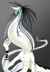 alien anthro black_hair blue_hair blue_tongue bracelet digital_media_(artwork) facial_piercing forked_tongue grey_teeth hair hi_res jewelry long_neck male male_pred mastectomy_scar mouth_on_neck neck_bulge nose_piercing piercing pink_hair plentyofsoup scalie scar simple_background smile soft_vore solo spiked_bracelet spikes tail teeth tongue tongue_out trans_(lore) trans_man_(lore) vein veiny_tail virmit_(plentyofsoup) vore white_chest white_face white_neck