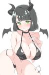  1girl absurdres alternate_costume armpit_crease bare_shoulders bikini black_bikini black_hair black_horns blunt_bangs blunt_ends bob_cut breasts cleavage collarbone commentary_request demon_horns green_eyes highres horns kneeling large_breasts link!_like!_love_live! love_live! momose_ginko raised_inner_eyebrows rokoroko_65 short_hair signature simple_background solo string_bikini swimsuit virtual_youtuber white_background 