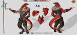 anthro clothing digitigrade dragonborn_(dnd) dungeons_and_dragons front_view gesture halberd hand_gesture hasbro lizard lordofnothin1 male mane melee_weapon model_sheet multicolor_body pointing polearm rear_view red_body red_scales reptile scales scalie solo tail topwear vest weapon wizards_of_the_coast