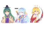  1other 2girls antenna_hair black_hat blonde_hair blue_eyes blue_hair blue_shirt bow_(weapon) braid brown_sleeves cape crescent crescent_pin dress green_hair hairband hat heart heart_antenna_hair highres holding holding_bow_(weapon) holding_sword holding_weapon japanese_clothes kariginu len&#039;en light_frown light_smile long_hair multiple_girls mystical_power_plant ooama_no_ake_no_mitori re1re133 rectangle red_cape red_dress red_eyes riverbed_soul_saver shirt suitenguu_no_himemiko suitokuin_tenmu sword tate_eboshi touhou twin_braids upper_body weapon white_sleeves yellow_eyes 