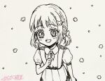 1girl aged_down bare_arms blunt_bangs bow cat_hair_ornament child clenched_hand collared_shirt commentary_request cowboy_shot dot_nose eyelashes flower greyscale hair_bow hair_ornament hairclip happy kohanai_setsuna light_blush looking_ahead low_twintails medium_skirt monochrome neckerchief nikki_(nikki) nikki_(series) open_mouth pleated_skirt puffy_short_sleeves puffy_sleeves shining_nikki shirt short_hair short_sleeves short_twintails signature skirt smile solo standing suspender_skirt suspenders tareme traditional_media twintails young_nikki_(shining_nikki) 