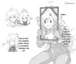  1boy 3girls aether_(genshin_impact) ahoge anger_vein artist_name bodysuit citlali_(genshin_impact) closed_eyes collar commentary earrings english_commentary english_text genshin_impact greyscale hair_between_eyes highres jewelry long_hair mavuika_(genshin_impact) monochrome multiple_girls nerozero open_mouth paimon_(genshin_impact) picture_frame pout short_hair smile sweat 