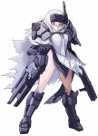  1girl armor armored_boots ass_visible_through_thighs assault_rifle boots breasts cape cloak full_body gauntlets goddess_of_victory:_nikke gun hair_between_eyes headgear holding holding_gun holding_weapon karukan_(monjya) long_hair looking_at_viewer mecha_musume mechanical_arms no_panties rifle shoulder_armor simple_background single_mechanical_arm snow_white_(nikke) solo standing thighs torn_cloak torn_clothes transparent_background visor_(armor) weapon white_background white_cape white_cloak white_hair yellow_eyes 
