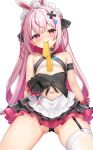  1girl absurdres animal_ears bansyono-mamoribito bare_shoulders black_bow black_choker black_gloves black_panties blush bow breasts choker corset frilled_gloves frills garter_straps gloves hair_bow hair_ornament hairclip halterneck highres indie_virtual_youtuber long_hair looking_at_viewer maid_headdress mouth_hold multicolored_hair navel necktie original panties pink_hair rabbit_ears red_eyes simple_background single_garter_strap single_thighhigh small_breasts smile solo spread_legs streaked_hair thick_eyebrows thighhighs tomari_mari underwear white_background x_hair_ornament yellow_necktie 