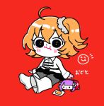  1girl ahoge black_eyes blush boots chewing chibi fate/grand_order fate_(series) fishnet_pantyhose fishnets fujimaru_ritsuka_(female) hair_ornament hair_scrunchie looking_at_viewer martha_(fate) odetooo one_side_up orange_hair pantyhose scrunchie shirt side_ponytail solo translation_request white_boots white_shirt 